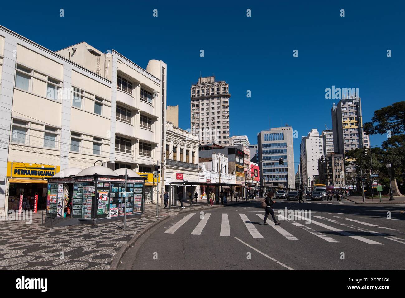 Curitiba, Brazil - July 21, 2017: Streets and buildings of Curitiba city downtown on a beautiful sunny day. Stock Photo