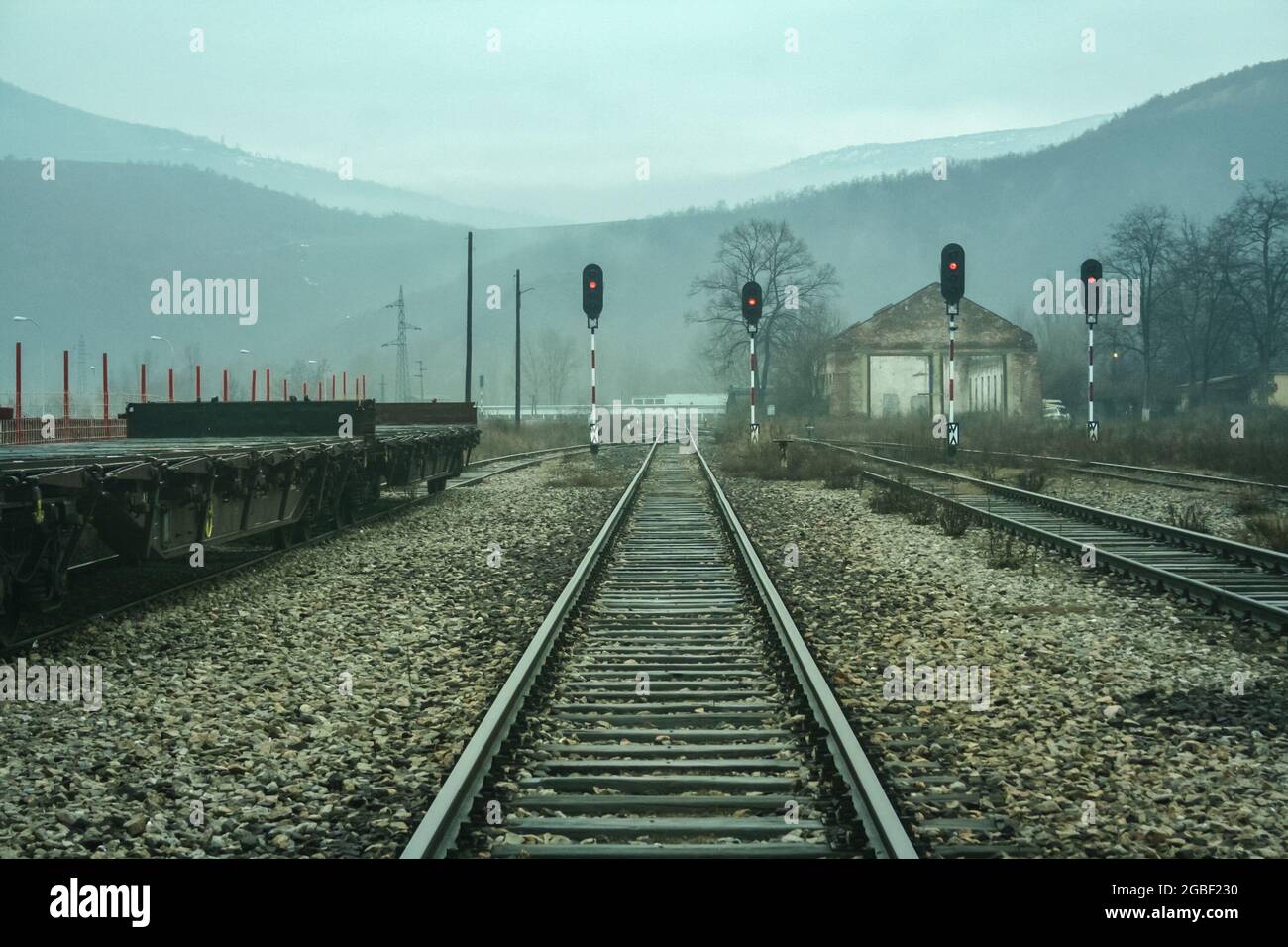 Gloomy atmosphere at the border between south and north kosovo at the train station of Kosovska mitrovica, blocked due to ethnic tensions, a symbol of Stock Photo