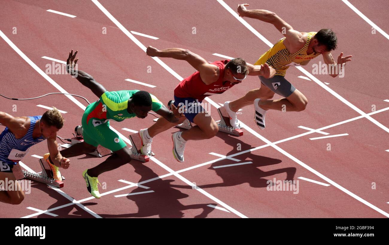 Tokyo 2020 Olympics - Athletics - Men's 100m - Decathlon 100m - Olympic Stadium, Tokyo, Japan - August 4, 2021. Niklas Kaul of Germany, Adam Helcelet of Czech Republic, Lindon Victor of Grenada and Maicel Uibo of Estonia in action at the start of Heat 1. REUTERS/Hannah Mckay Stock Photo