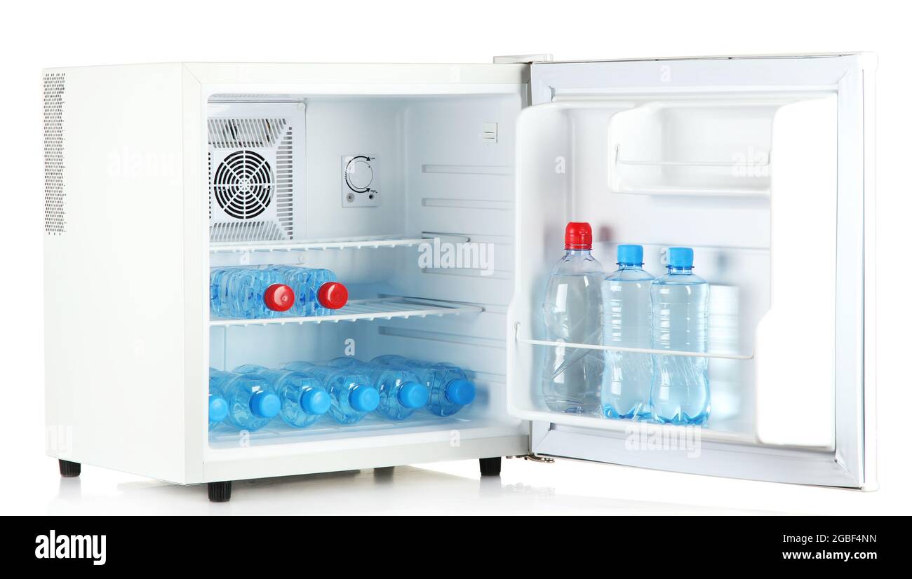 mini fridge full of bottled water isolated on white Stock Photo Alamy
