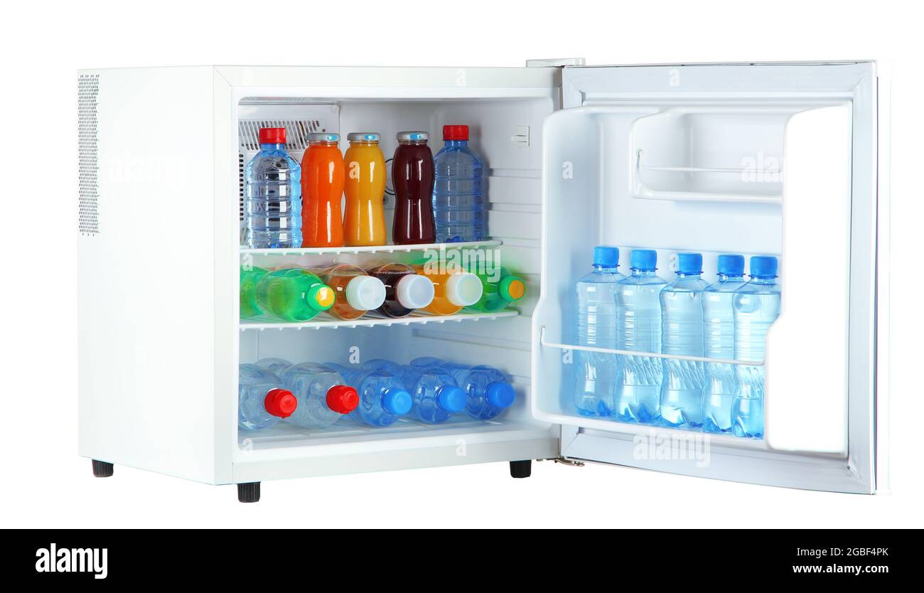 mini fridge full of bottles of juice, soda and fruit isolated on white Stock Photo Alamy