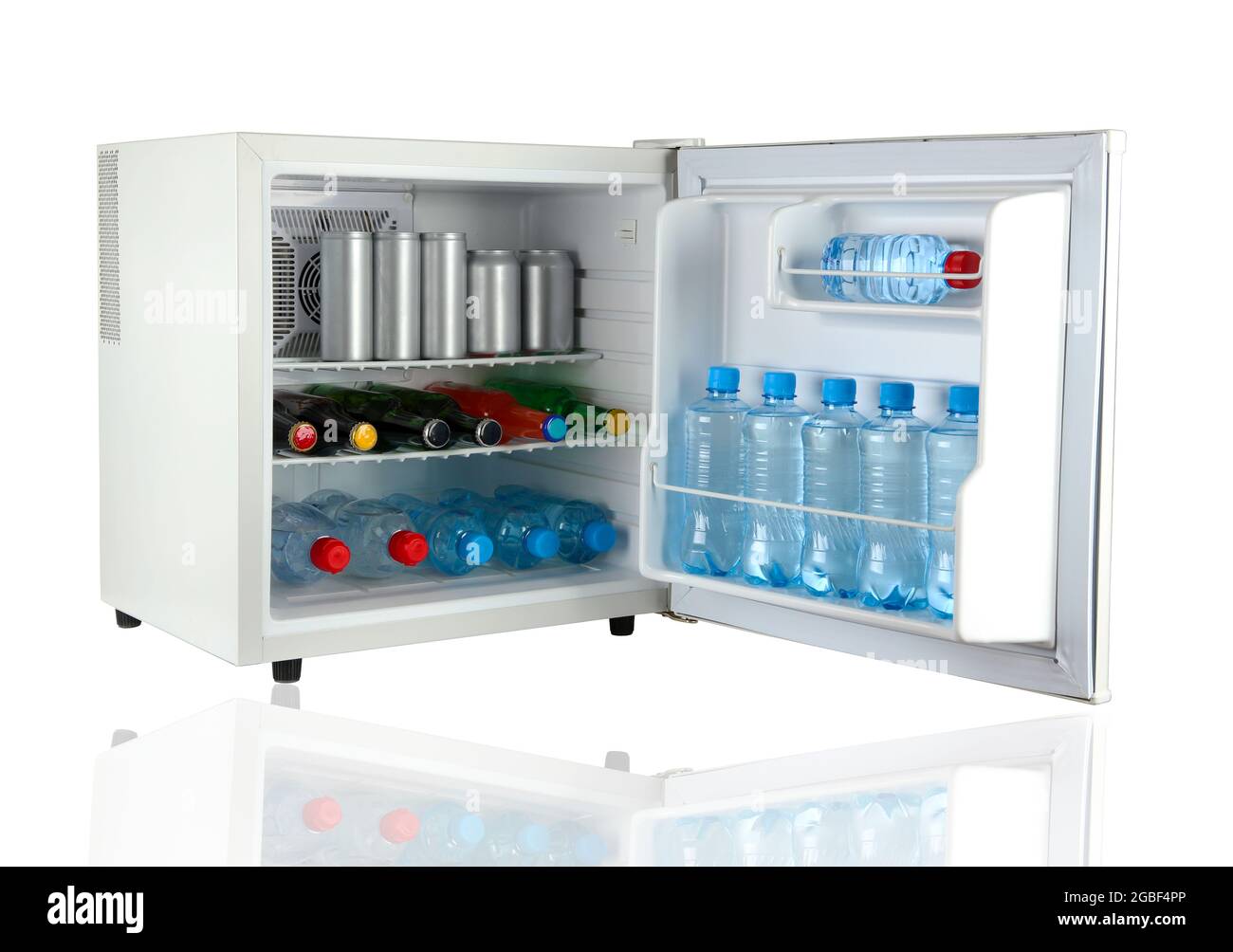 mini fridge full of bottled water isolated on white Stock Photo - Alamy