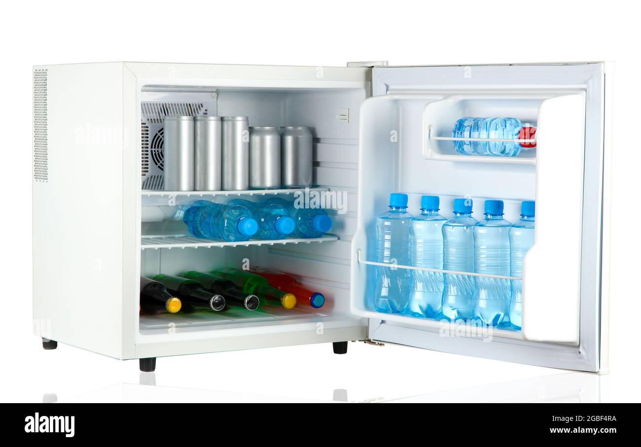 mini fridge full of bottles and jars with various drinks isolated on white  Stock Photo - Alamy
