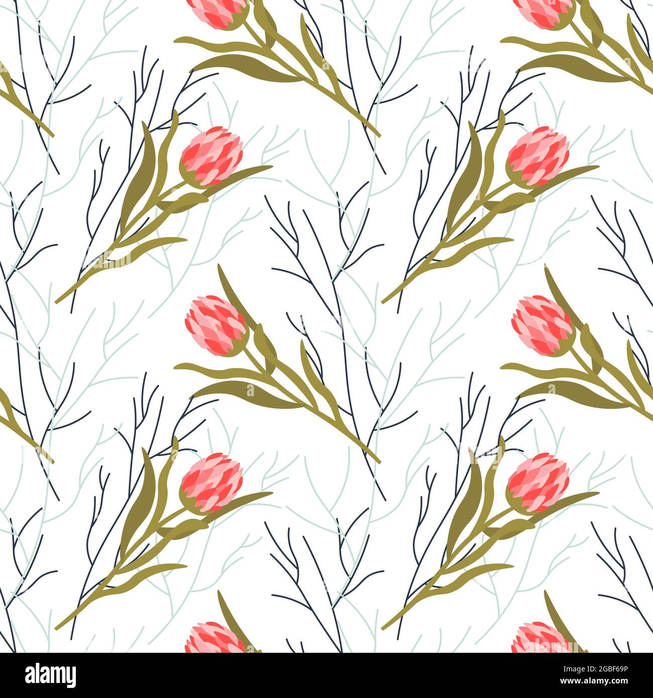 Pattern with pink protea and abstract branches. Floral pattern on a white background. Stock Vector