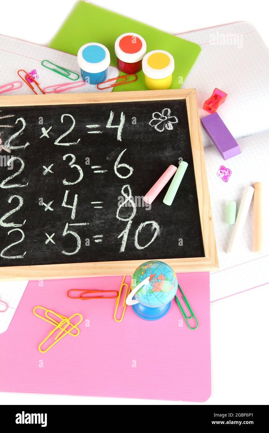 Small school desk with various school supplies closeup isolated on white Stock Photo Alamy