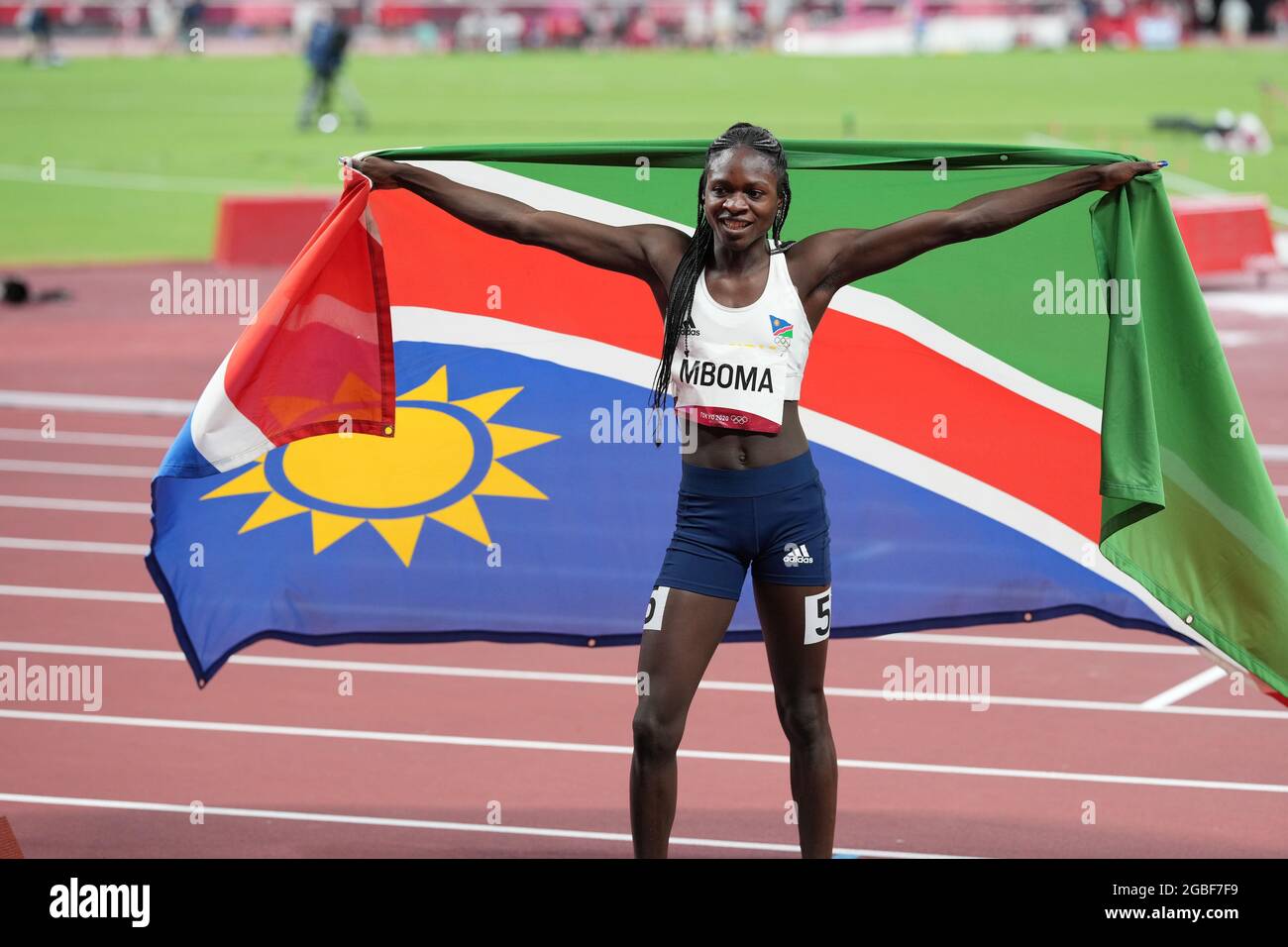 3rd August 2021; Olympic Stadium, Tokyo, Japan: Tokyo 2020 Olympic summer games day 11; Womens 200m final; MBOMA Christine celebrates 2nd place and the silver medal Stock Photo