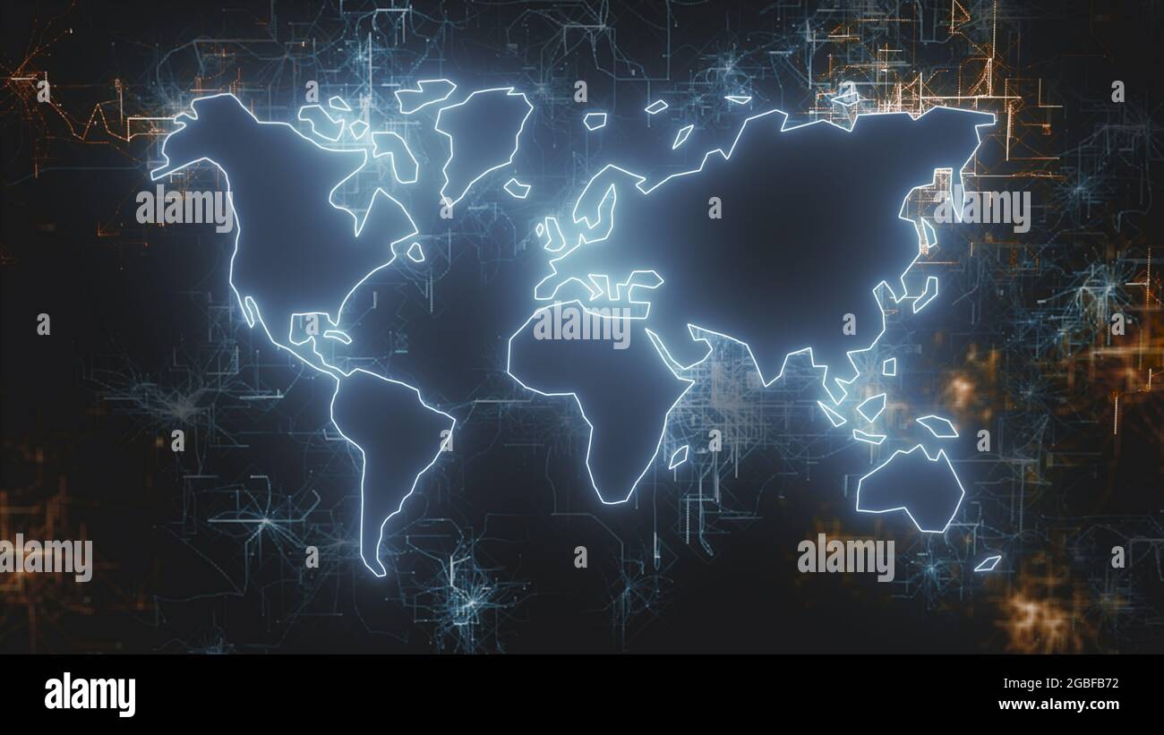 3D rendering of the world map with network connections against a dark ...