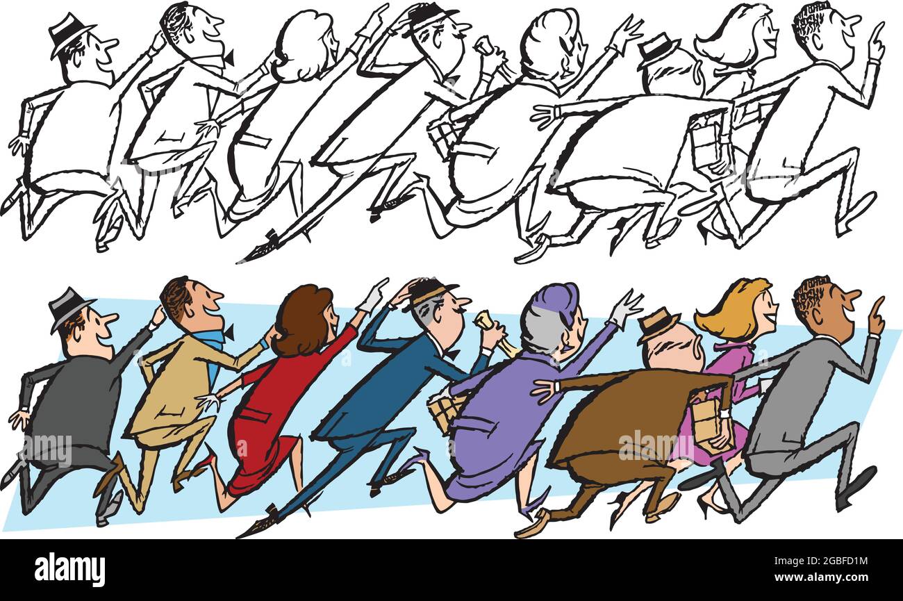 A vintage retro cartoon of a crowd of people all running in the same direction towards something exciting. Stock Vector