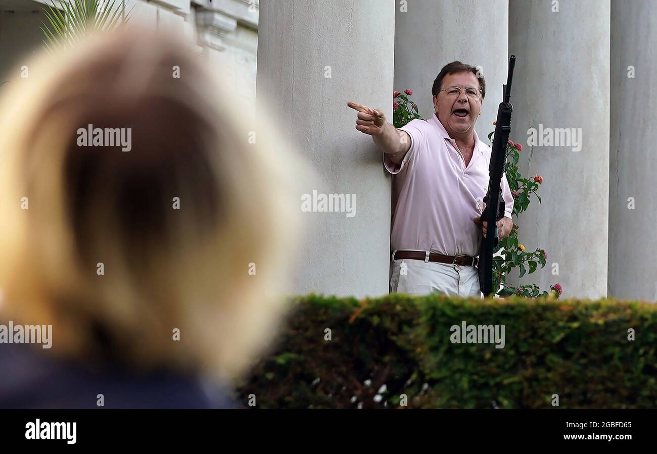 St. Louis, United States. 03rd Aug, 2021. Attorneys Mark and Patricia McCloskey who aimed guns at Black Lives Matter protesters in St. Louis on Sunday, June 28, 2020, have been given pardons by Missouri Governor Mike Parson, it was announced on Tuesday, August 3, 2021. The two have defended their actions by saying they felt their lives were being threatened. On Friday, July 30, 2021, Governor Mike Parson granted 12 pardons and approved two commutations pursuant to Article IV, Section 7 of the Constitution of the State of Missouri. Photo by Bill Greenblatt/UPI Credit: UPI/Alamy Live News Stock Photo