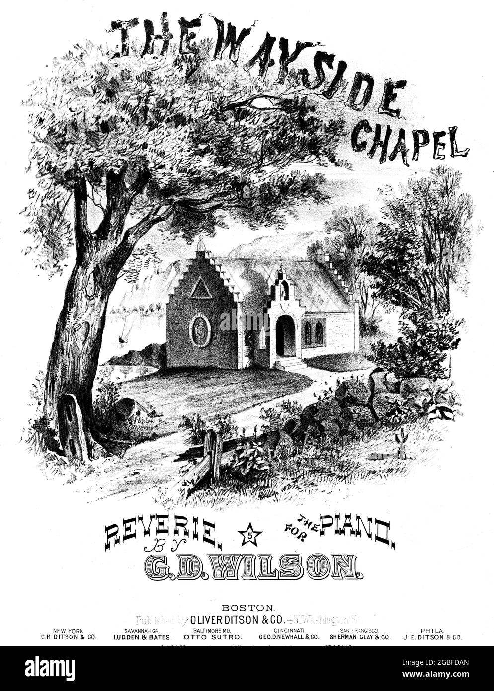 The Wayside Chapel, 1875 sheet music featuring b/w lithograph of a rural scene with a small chapel building. Stock Photo