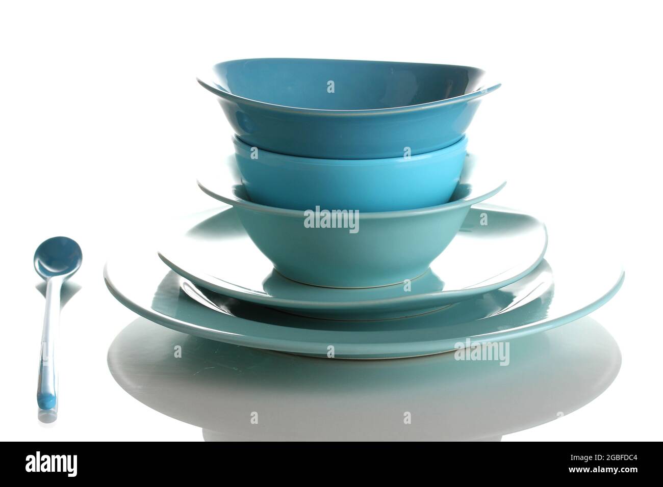 Blue tableware isolated on white Stock Photo Alamy