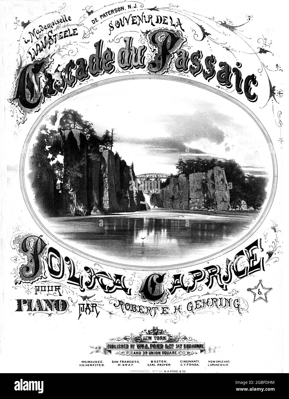 Cascade du Passaic, 1875 sheet music of the Passaic Fall or Paterson Great Falls in Patterson, New Jersey. Nice b/w lithograph of the falls. Stock Photo