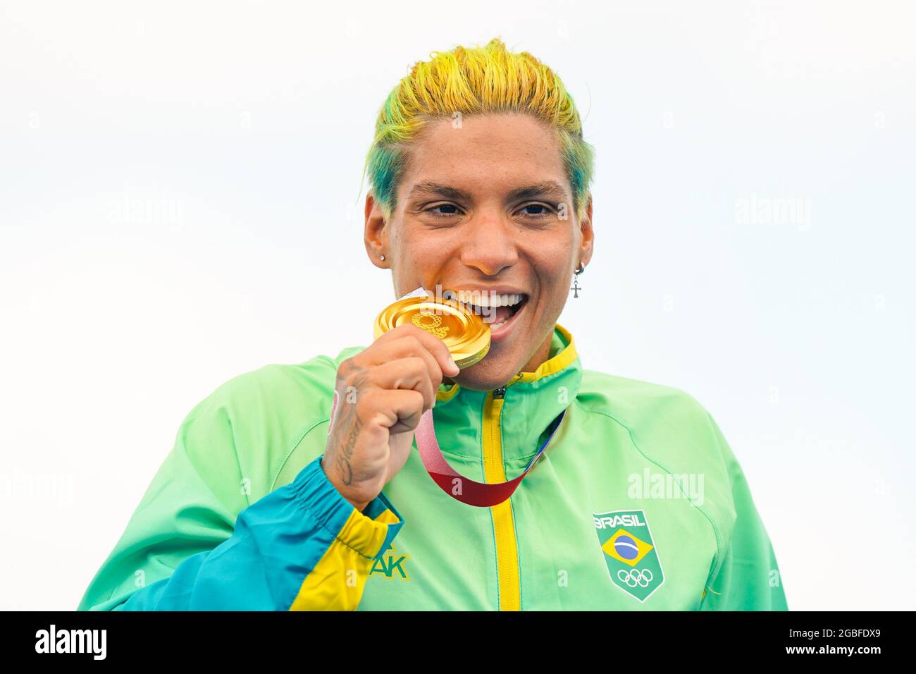 TOKYO, JAPAN - AUGUST 4: Ana Marcela Cunha of Brasil poses with her golden medal during the Medal Ceremony of Marathon Swimming during the Tokyo 2020 Olympic Games at the Odaiba Marine Park on August 4, 2021 in Tokyo, Japan (Photo by Ronald Hoogendoorn/Orange Pictures) NOCNSF Stock Photo