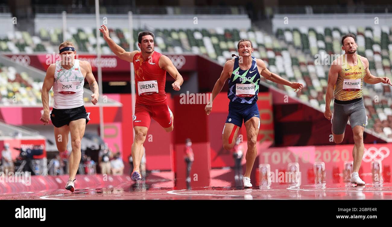 Tokyo, Japan. 4th Aug, 2021. Jorge Urena (2nd L) of Spain and Ilya Shkurenyov (2nd R) of ROC compete during the Men's Decathlon 100m Heat at the Tokyo 2020 Olympic Games in Tokyo, Japan, Aug. 4, 2021. Credit: Li Gang/Xinhua/Alamy Live News Stock Photo