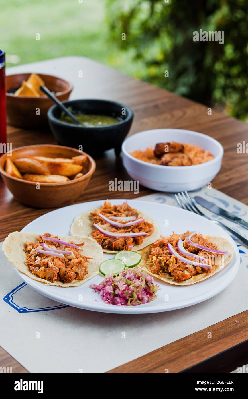 Mexican tacos with cochinita pibil, onion and lemon, traditional