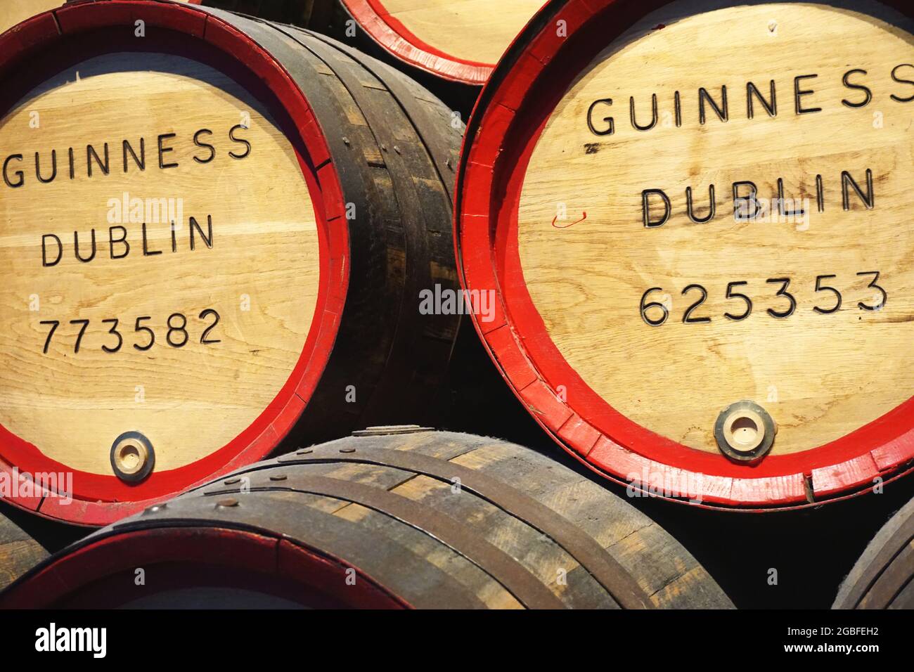 Guinness oak barrel heads in Dublin, Ireland. Founded by Arthur Guinness in 1759, the Guinness Brewery was once the largest brewery in the world. Stock Photo