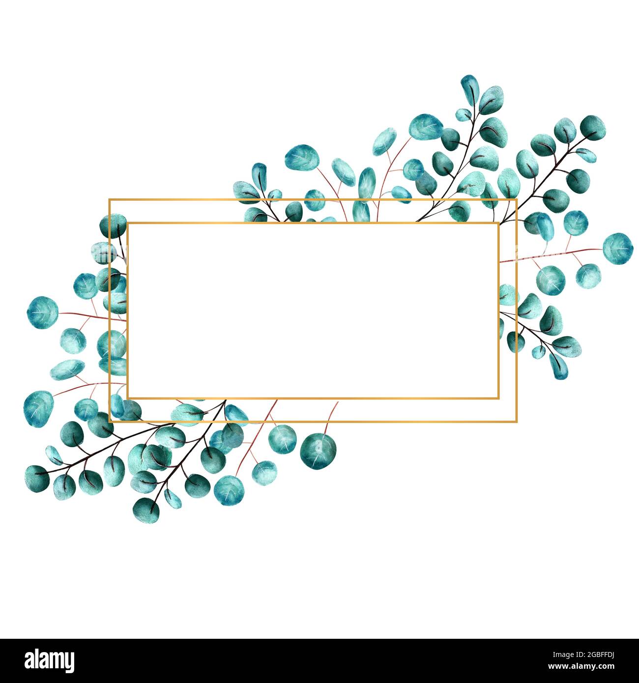 Golden rectangular frame framed by green eucalyptus leaves on a white ...