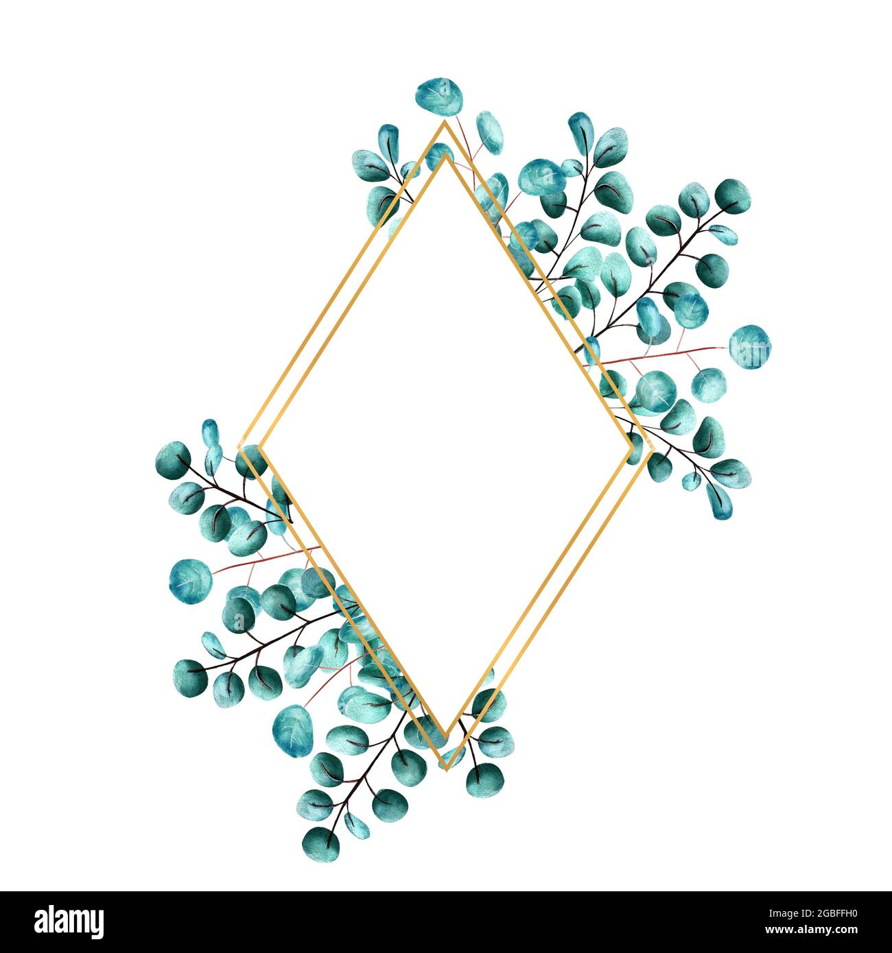 Golden diamond-shaped frame framed by green eucalyptus leaves on a white isolated background. Watercolor illustration Stock Photo