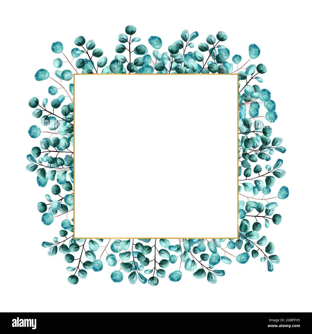 Golden square frame framed by green eucalyptus leaves on a white ...