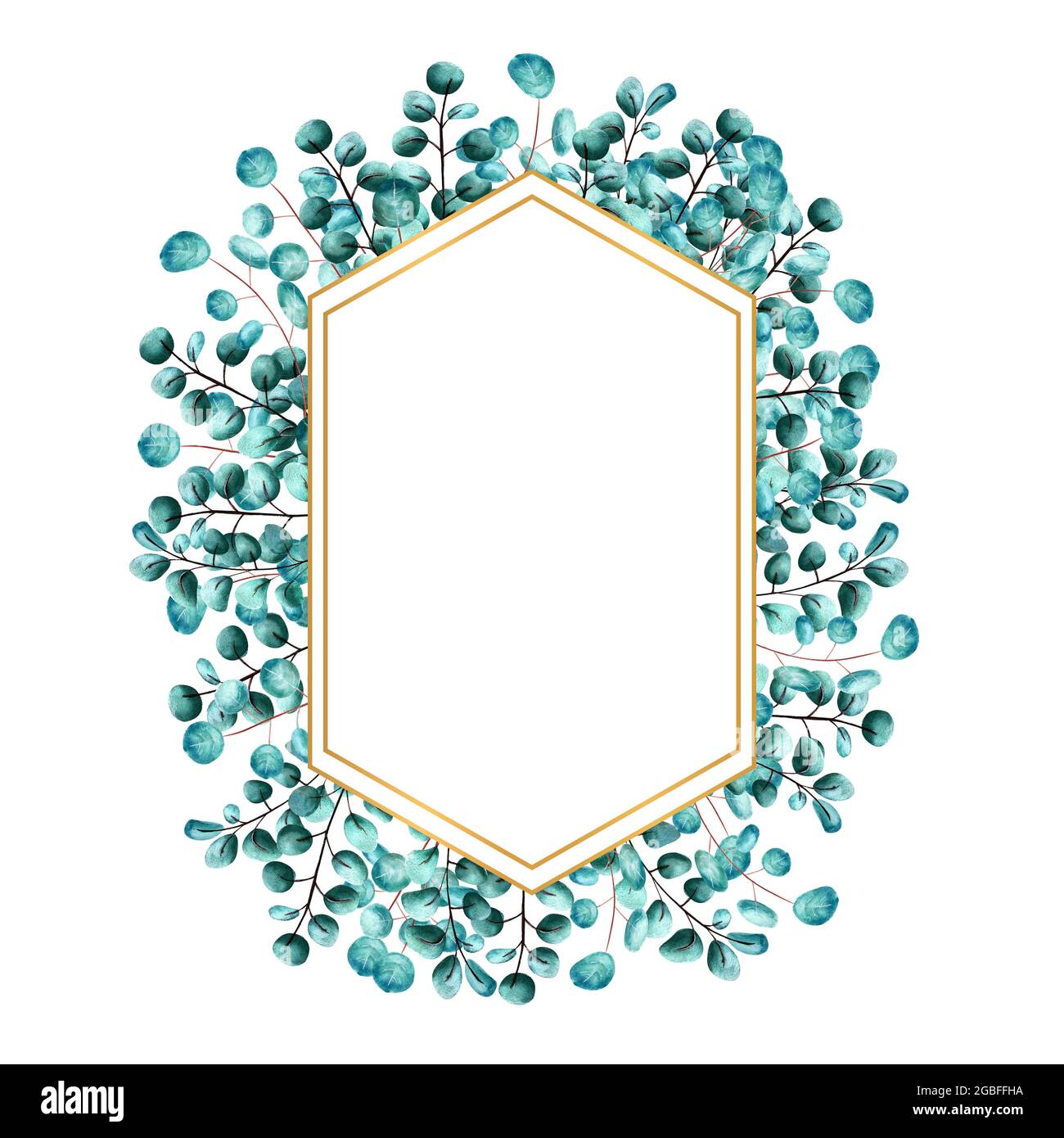 Golden hexagonal frame framed by green eucalyptus leaves on a white ...