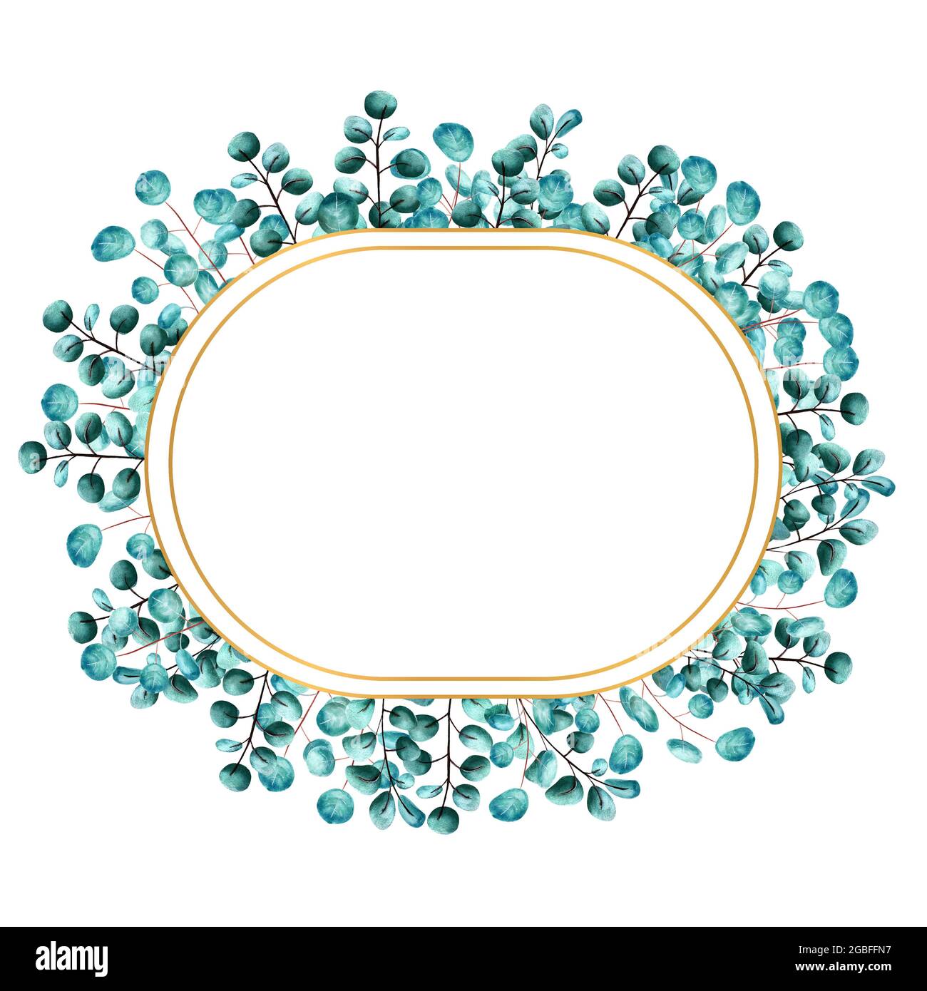 Golden oval frame framed by green eucalyptus leaves on a white isolated ...