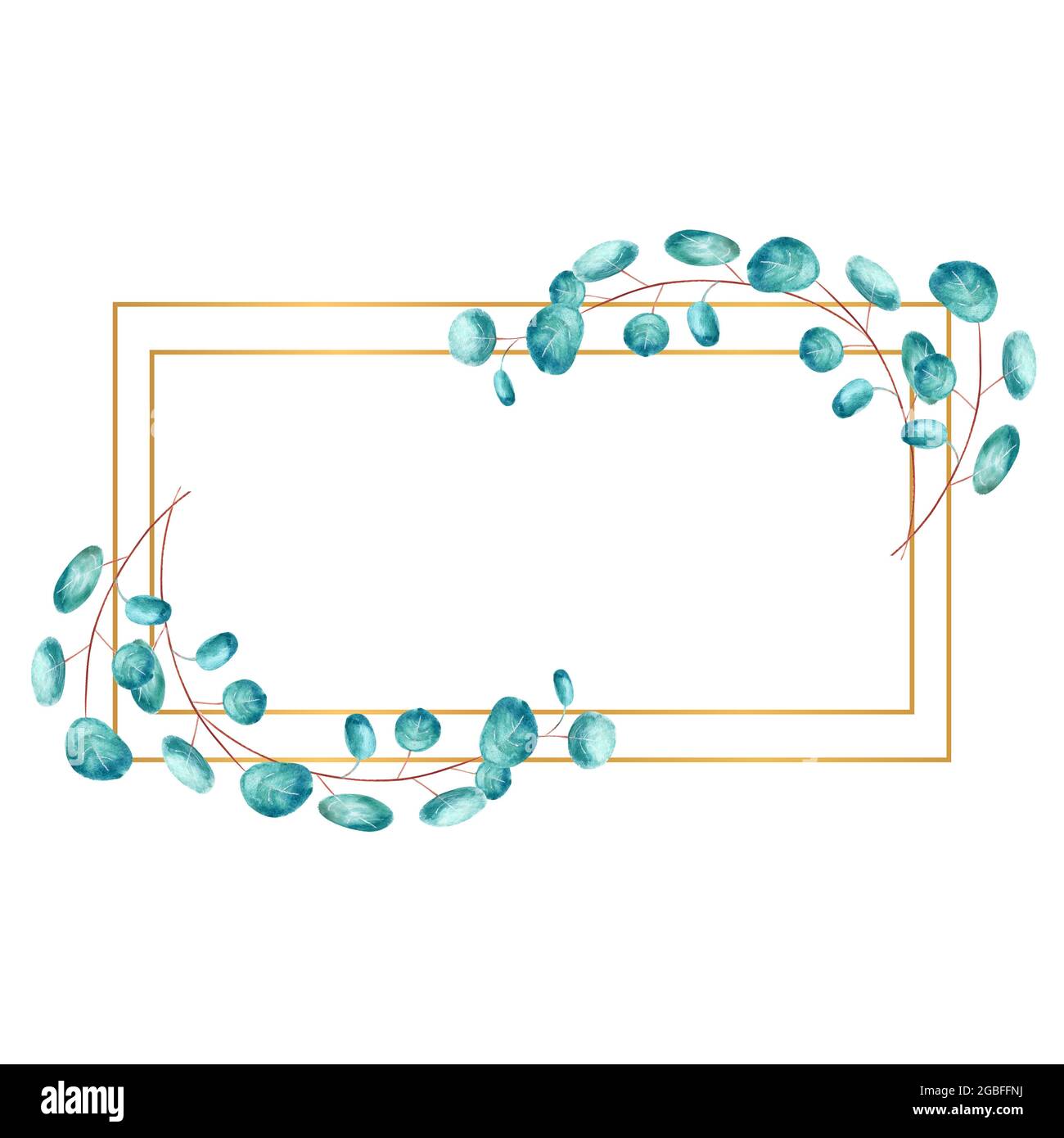 Golden rectangular frame framed by green eucalyptus leaves on a white ...