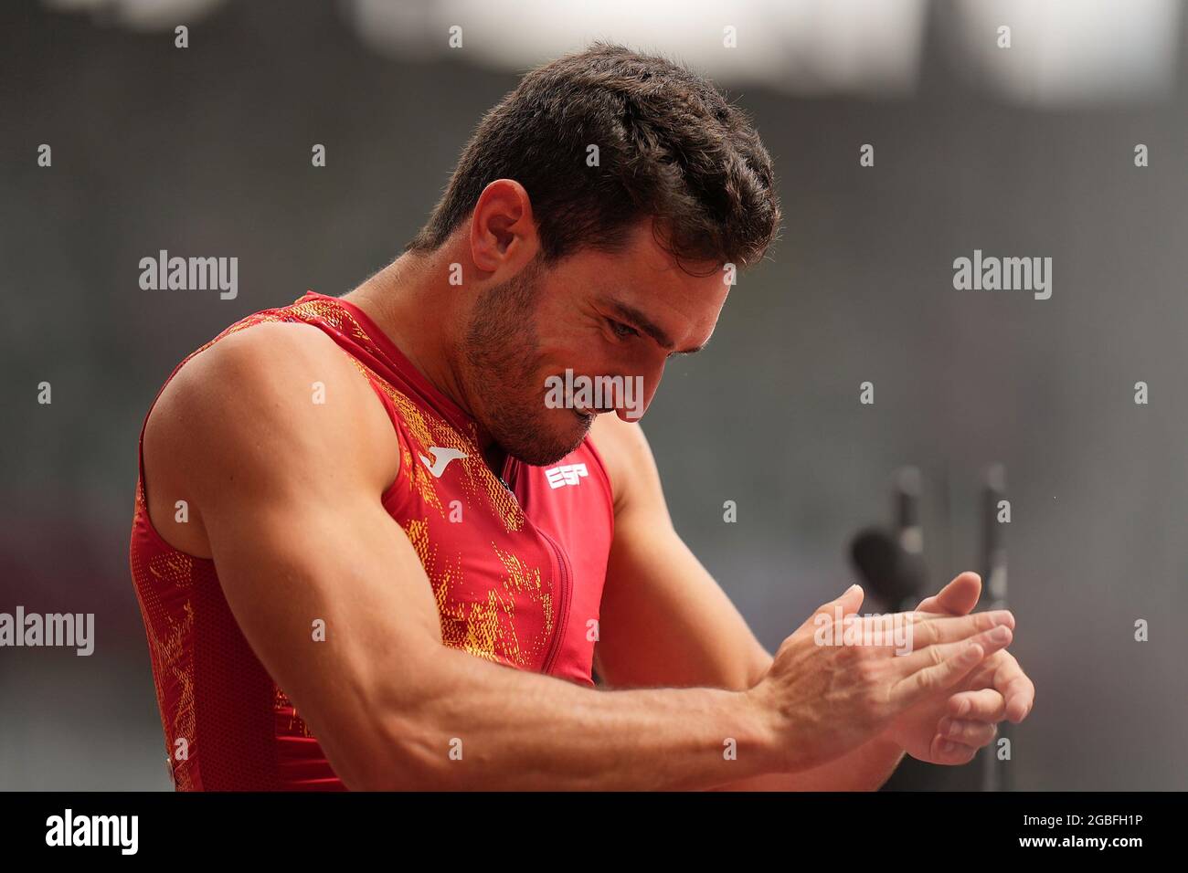 Tokyo, Japan. 4th Aug, 2021. Jorge Urena of Spain reacts after the Men's Decathlon 100m Heat at the Tokyo 2020 Olympic Games in Tokyo, Japan, Aug. 4, 2021. Credit: Lui Siu Wai/Xinhua/Alamy Live News Stock Photo