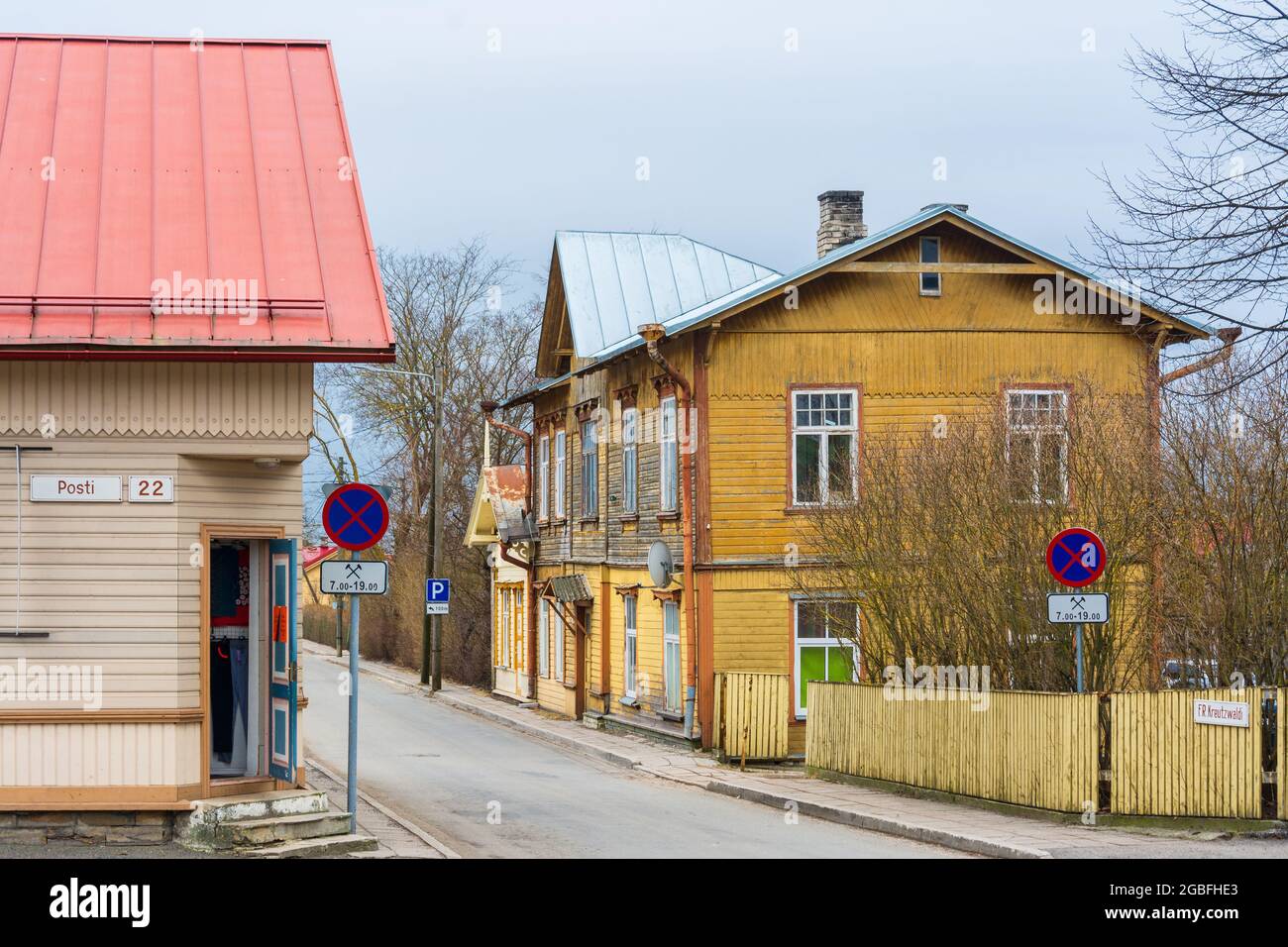 Corner door on a light beige wooden house on Posti street in Haapsalu Estonia Stock Photo