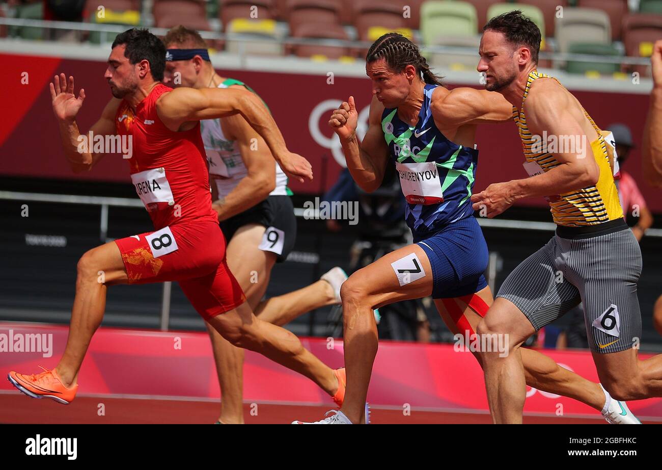 Tokyo, Japan. 4th Aug, 2021. Jorge Urena (1st L) of Spain and Ilya Shkurenyov (2nd R) of ROC compete during the Men's Decathlon 100m Heat at the Tokyo 2020 Olympic Games in Tokyo, Japan, Aug. 4, 2021. Credit: Li Ming/Xinhua/Alamy Live News Stock Photo
