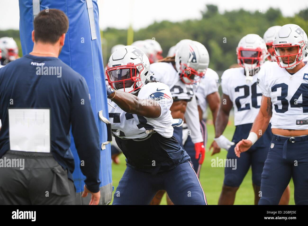 Tuesday August 3 2021 New England Patriots Running Back Rhamondre Stevenson 53 Works With A Training Aid At The New England Patriots Training Camp Held On The Practice Fields At Gillette Stadium