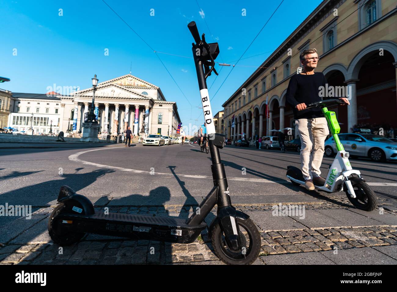 MUNICH, GERMANY Jul 21, 2021 A closeup shot of an electric scooter