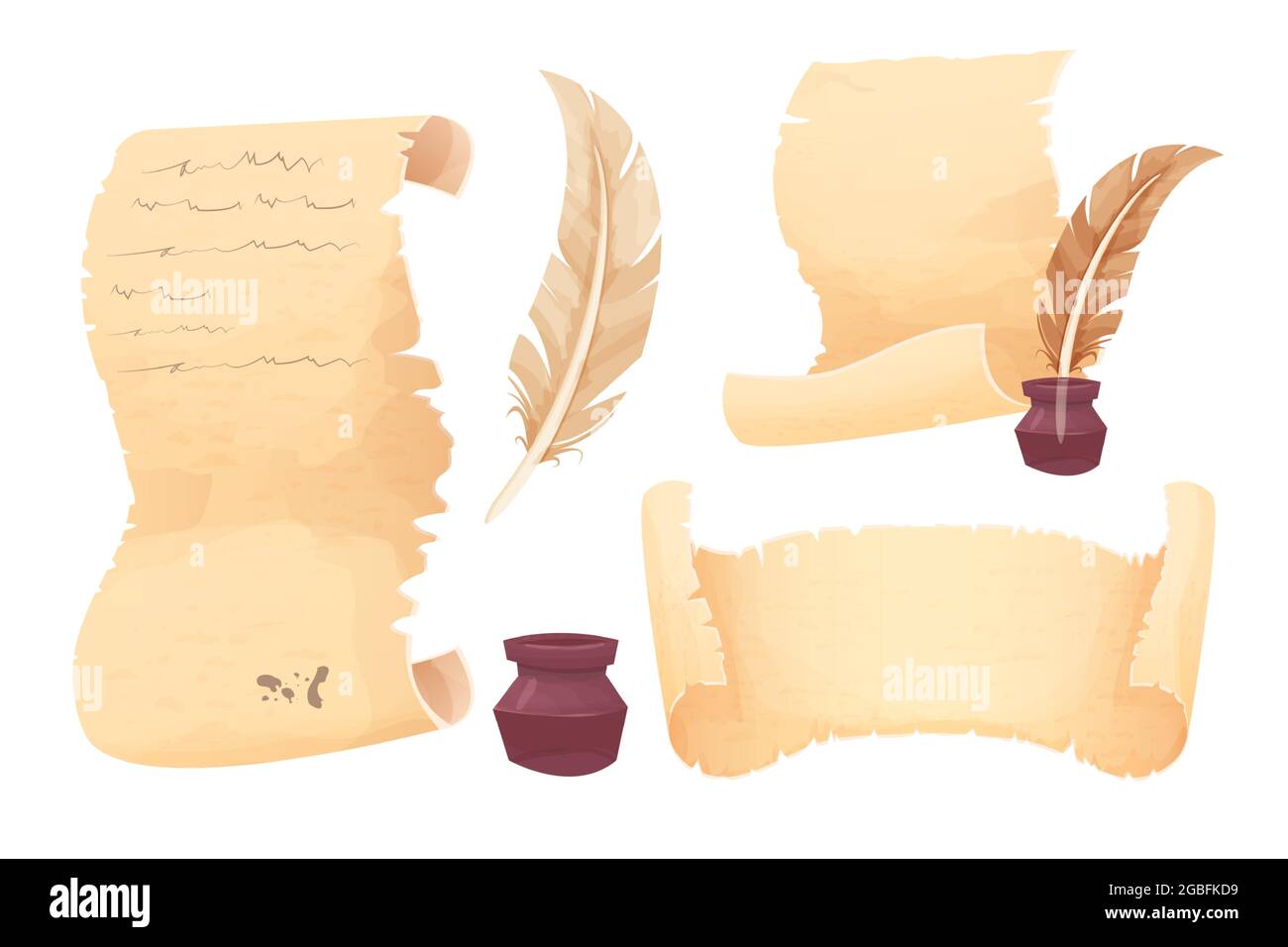 Old scroll of parchment, papyrus and feather pen in cartoon style isolated on white background. Empty frame, decoration, antique manuscript. . Vector illustration Stock Vector