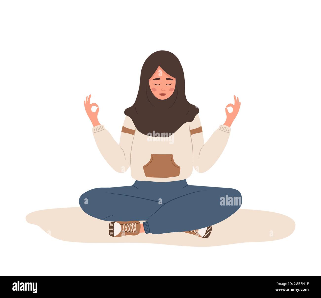 Breath awareness yoga exercise. Arab woman practicing belly breathing for relaxation. Meditation for body, mind and emotions. Spiritual practice Stock Vector