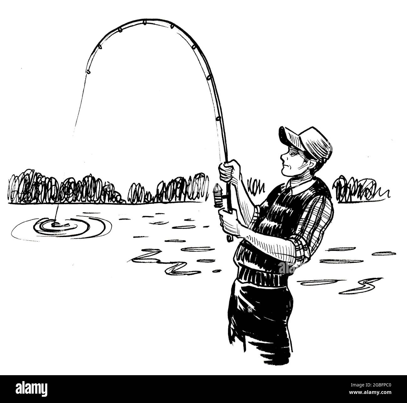 Man with a fishing rod at the river. ink black and white drawing Stock  Photo - Alamy
