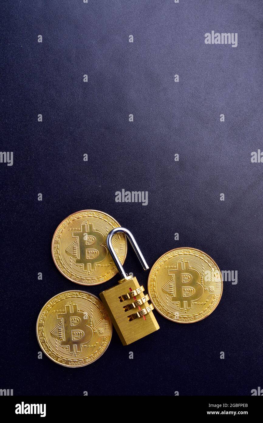 Bitcoin Security And Insurance Concept Cryptocurrency Bitcoin With Lock On Black Textured Background Stock Photo Alamy