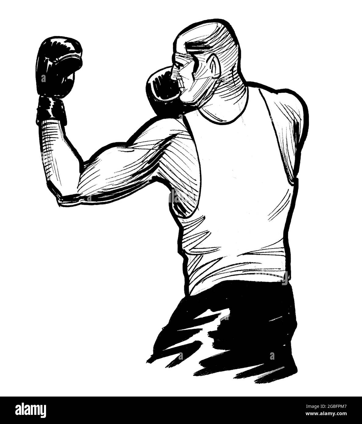 Strong boxing athlete. Ink black and white drawing Stock Photo