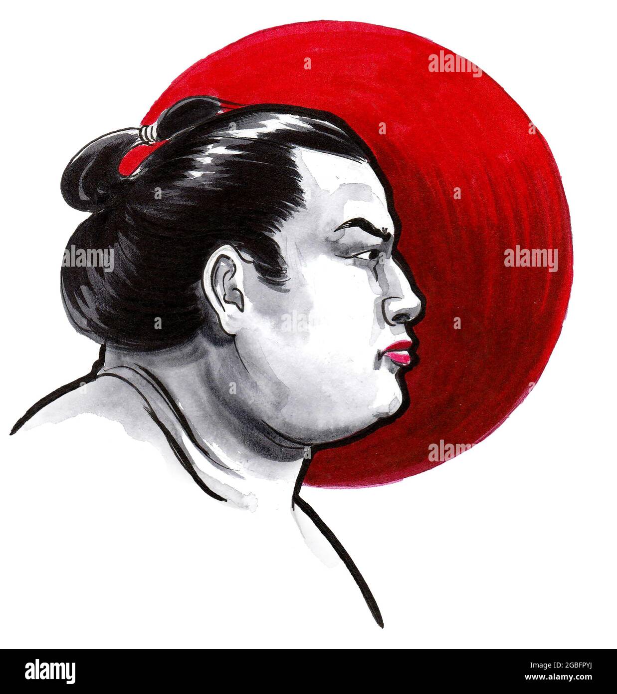 Sumo wrestler head on red sun background. Ink and watercolor drawing Stock Photo