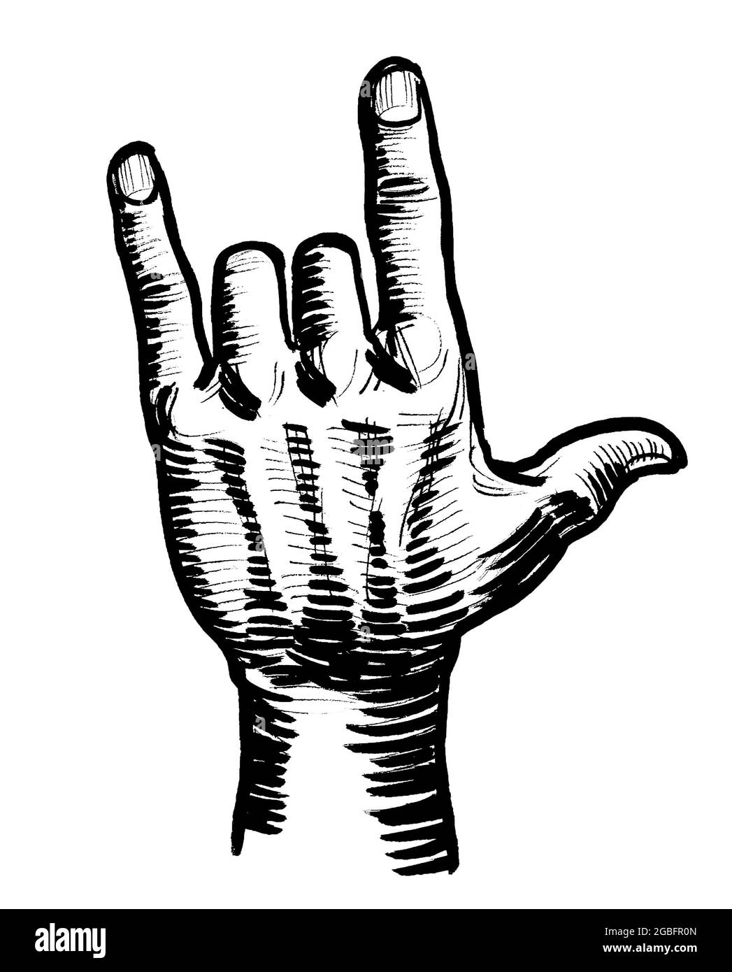 Hand showing Heavy Metal Rock symbol. Ink black and white drawing Stock Photo