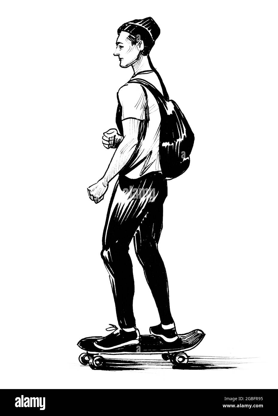 Teenage Boys Doing Skateboard Tricks - Black and White Line Art