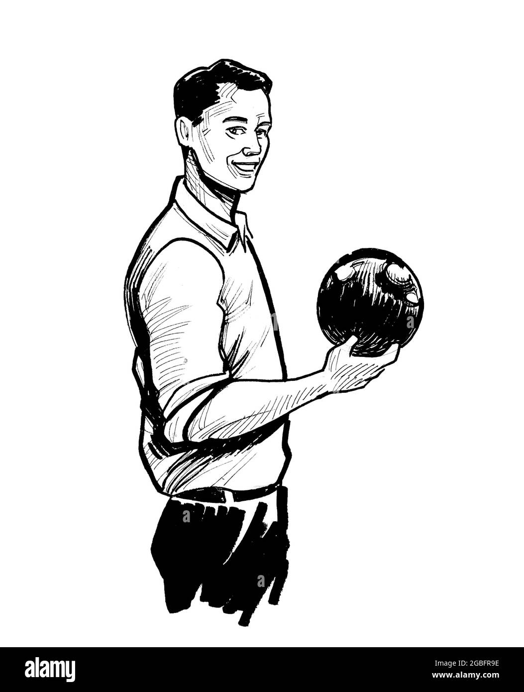 Young man holding a bowling ball. Ink black and white drawing Stock Photo