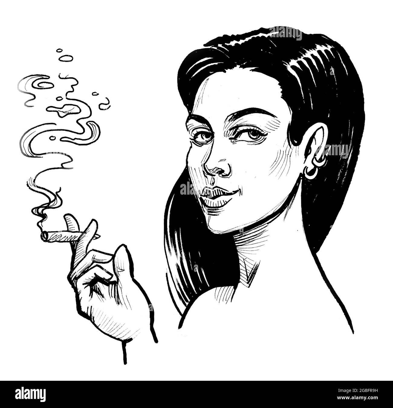 Girl with a smoking marijuana joint. ink black and white drawing Stock