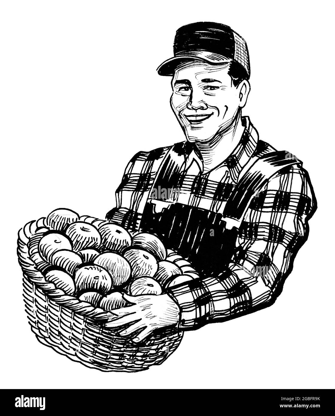 Happy farmer with a basket of apple fruit. Ink black and white drawing Stock Photo