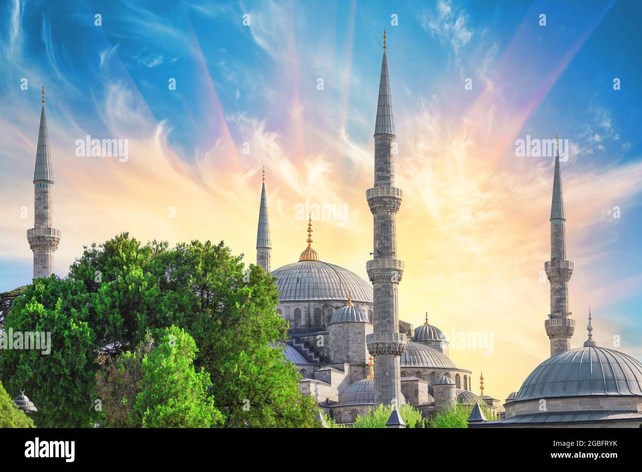 Sultan Ahmed or Blue Mosque on the background of bright sun rays ...