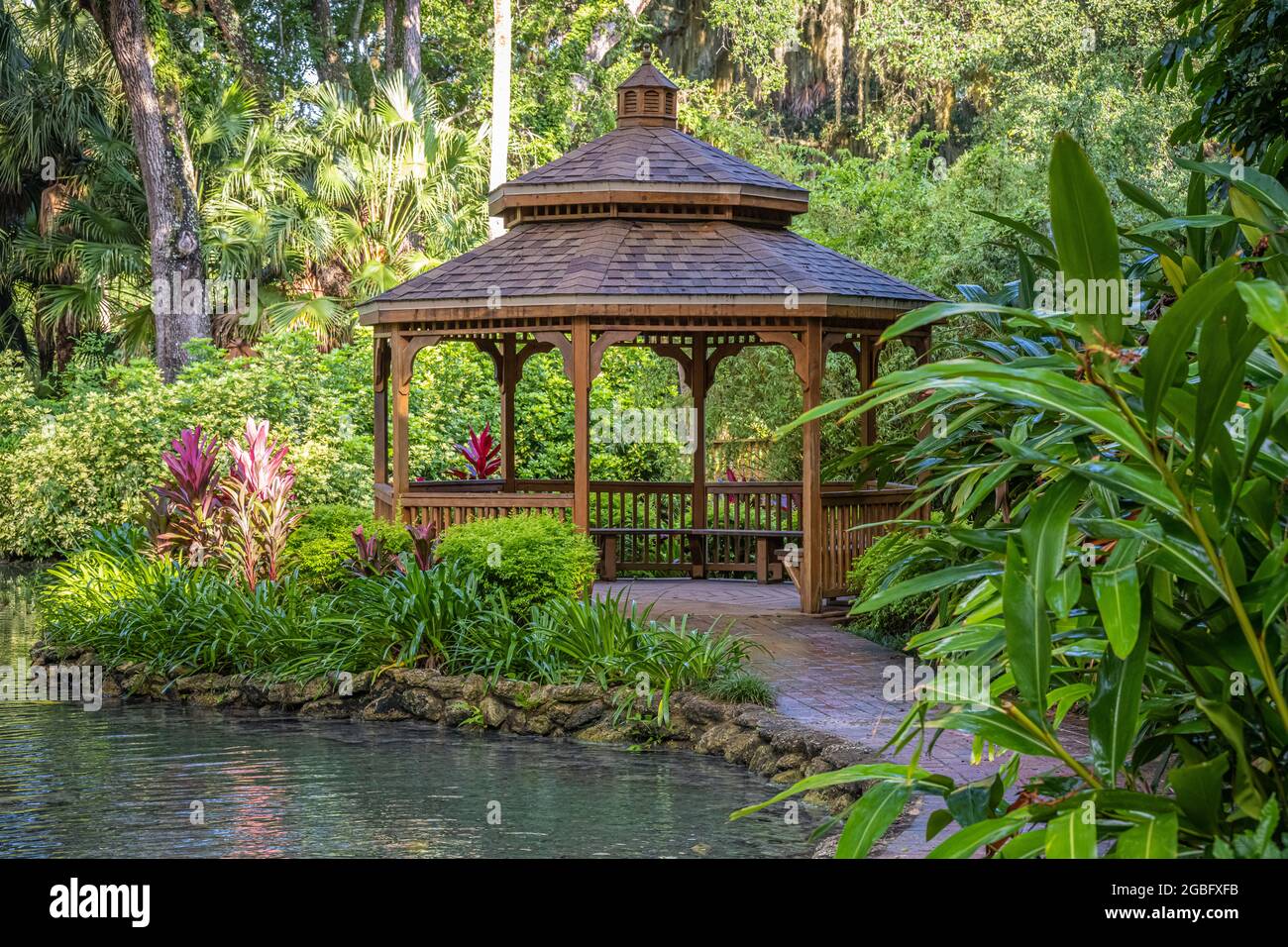 Wooden gazebo in the formal gardens at Washington Oaks Gardens State Park in Palm Coast, Florida. (USA) Stock Photo