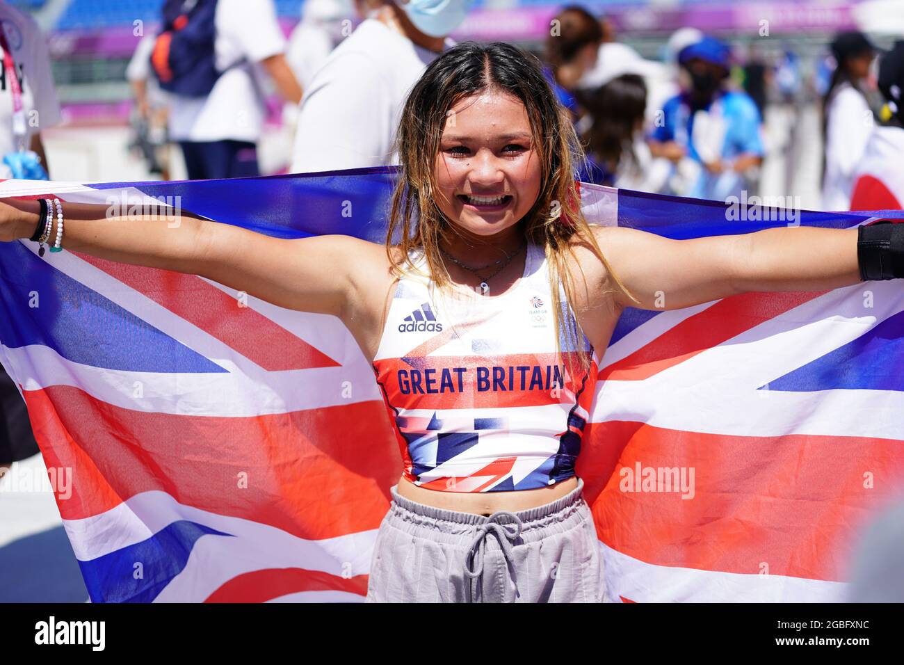 Great Britain's Sky Brown celebrates winning the bronze medal during