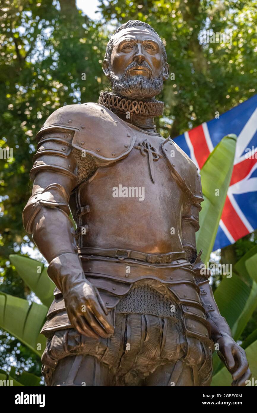 Statue of Pedro Menendez de Aviles (founder of the city of St. Augustine) at Fountain of Youth Archaeological Park in St. Augustine, Florida. (USA) Stock Photo