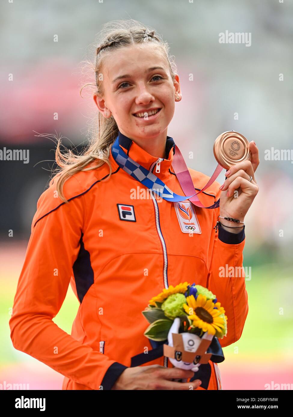 Femke bol of the netherlands poses with the bronze medal hires stock