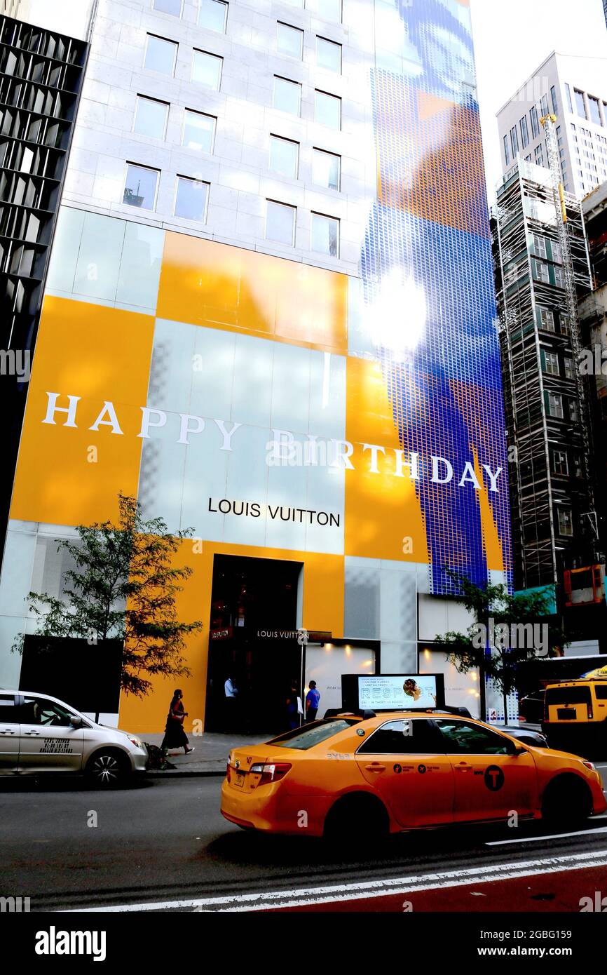 York, US, 03/08/2020, Louis Vuitton store celebrates 200 Years Of Louis Vuitto with a giant "Happy Birthday Louis" on the walls of its store in New York City,