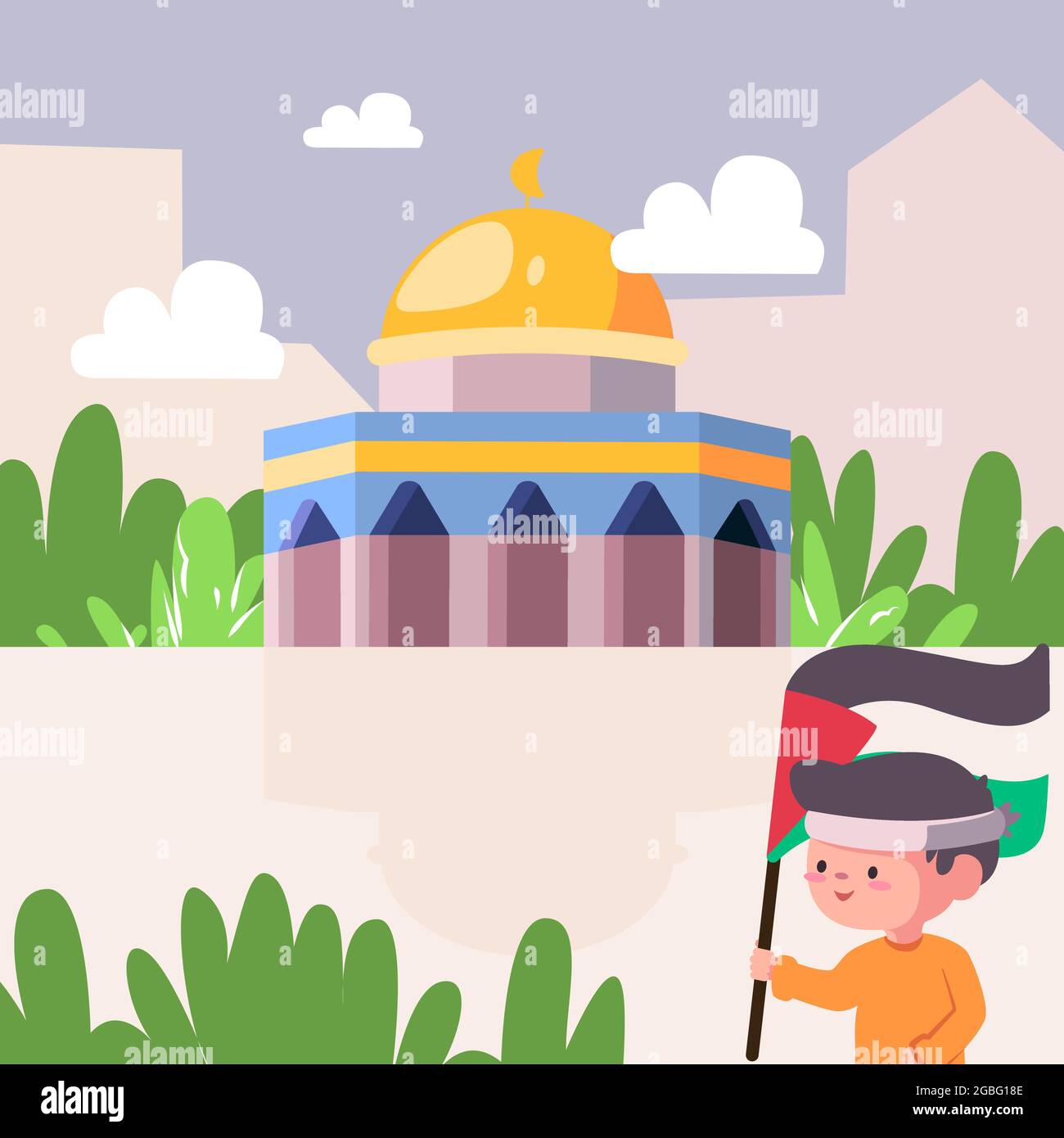 a patriotic child with free palestine flag that colored green red black and white, aqsa mosque with the dome, many trees and beautiful white clouds Stock Vector