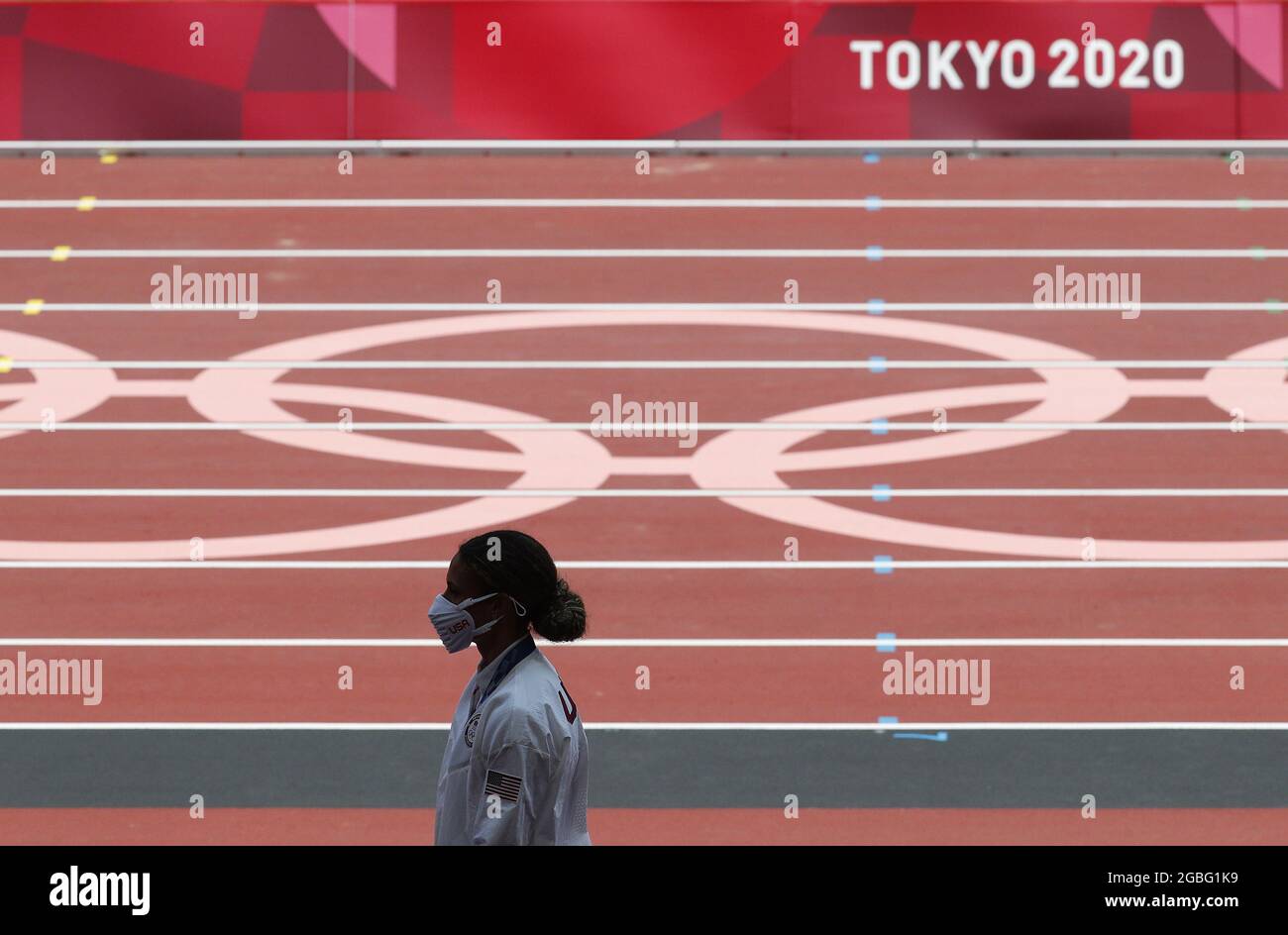 Tokyo, Japan. 04th Aug, 2021. Sydney McLaughlin of the USA listens to the national anthem after winning the gold medal in the Women's 400m Hurdles Finals at the Athletics competition during the Tokyo Summer Olympics in Tokyo, Japan, on Wednesday, August 4, 2021. Photo by Bob Strong/UPI. Credit: UPI/Alamy Live News Stock Photo